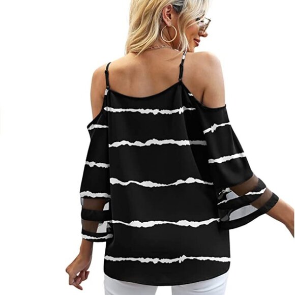 Black Striped Mesh Panel 3/4 Bell Sleeve Off Shoulder Relaxed‎ Loose Top Blouse - Picture 5 of 6